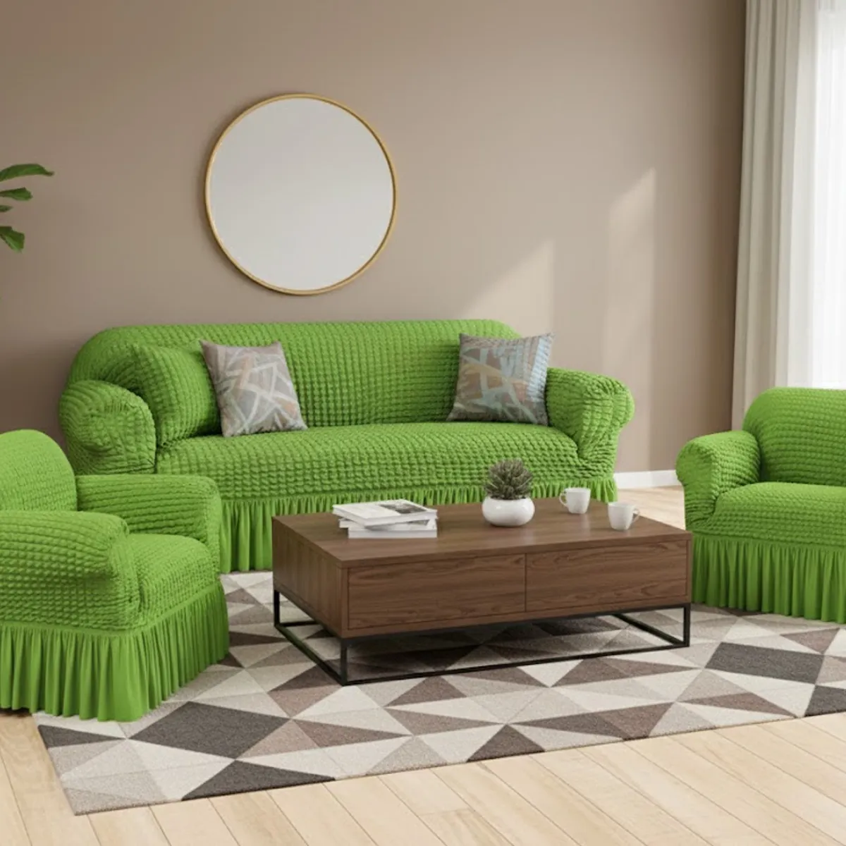 DIANA - FUNDA PARA SILLON 3+1+1 ELEGANTE MODELO TURCO UNICOLOR VERDE CLARO SET DE 3 FUNDAS