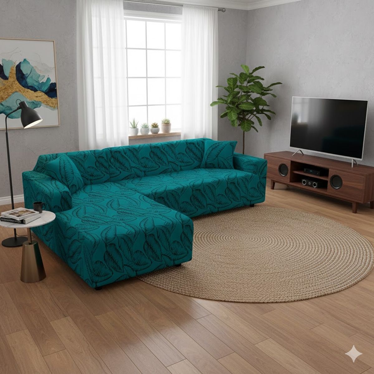 DIANA - FUNDA ELASTIZADA SILLON TIPO L DISEÑO TURQUESA HOJA  4 + 4 CUERPO SET DE DOS FUNDAS