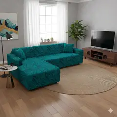 DIANA - FUNDA ELASTIZADA SILLON TIPO L DISEÑO TURQUESA HOJA 4 + 4 CUERPO SET DE DOS FUNDAS