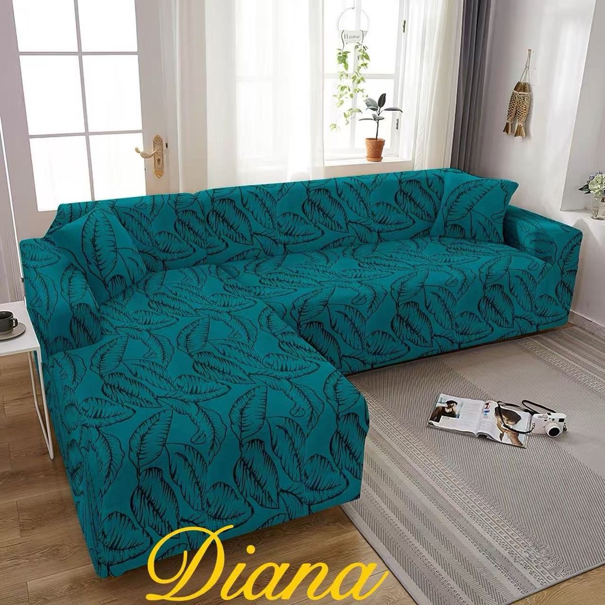DIANA - FUNDA ELASTIZADA SILLON TIPO L DISEÑO TURQUESA HOJA  4 + 4 CUERPO SET DE DOS FUNDAS
