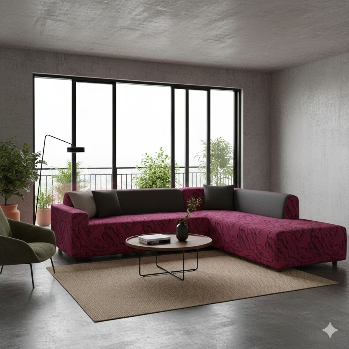 DIANA - FUNDA ELASTIZADA SILLON TIPO L DISEÑO BURDEO HOJA  4 + 4 CUERPO SET DE DOS FUNDAS