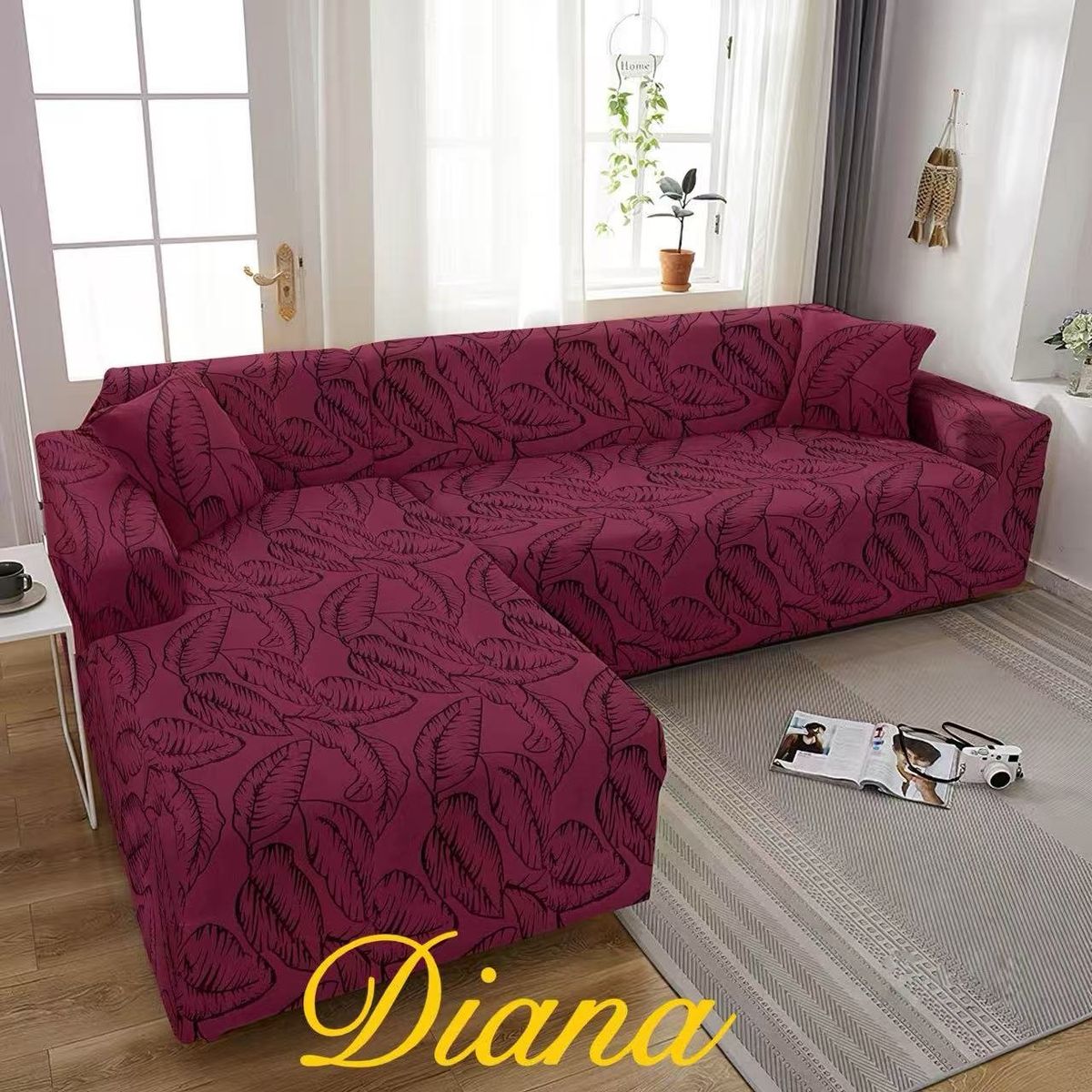 DIANA - FUNDA ELASTIZADA SILLON TIPO L DISEÑO BURDEO HOJA  4 + 4 CUERPO SET DE DOS FUNDAS