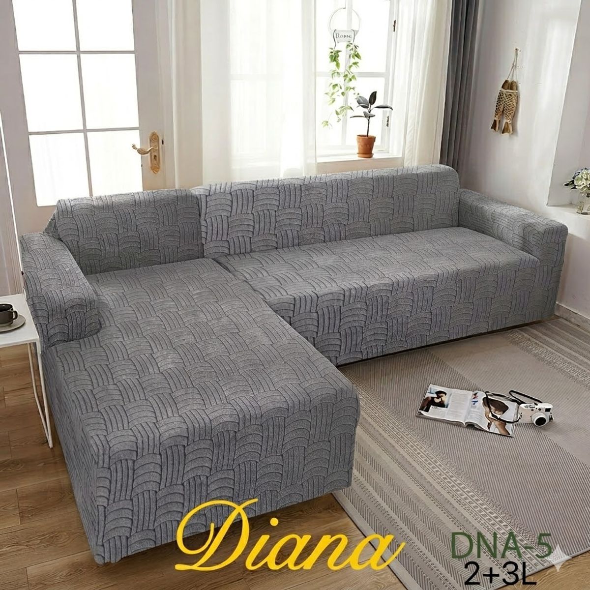 DIANA - FUNDA ELASTIZADA SILLON TIPO L  ELEGANTES DISEÑO GRIS OSCURO 3 + 2 CUERPO SET DE DOS FUNDAS