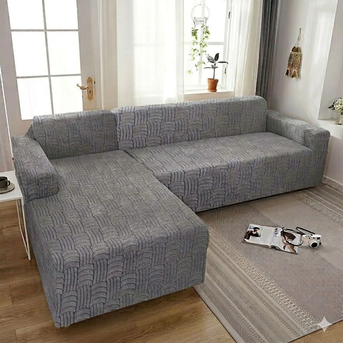 DIANA - FUNDA ELASTIZADA SILLON TIPO L  ELEGANTES DISEÑO GRIS OSCURO 3 + 2 CUERPO SET DE DOS FUNDAS