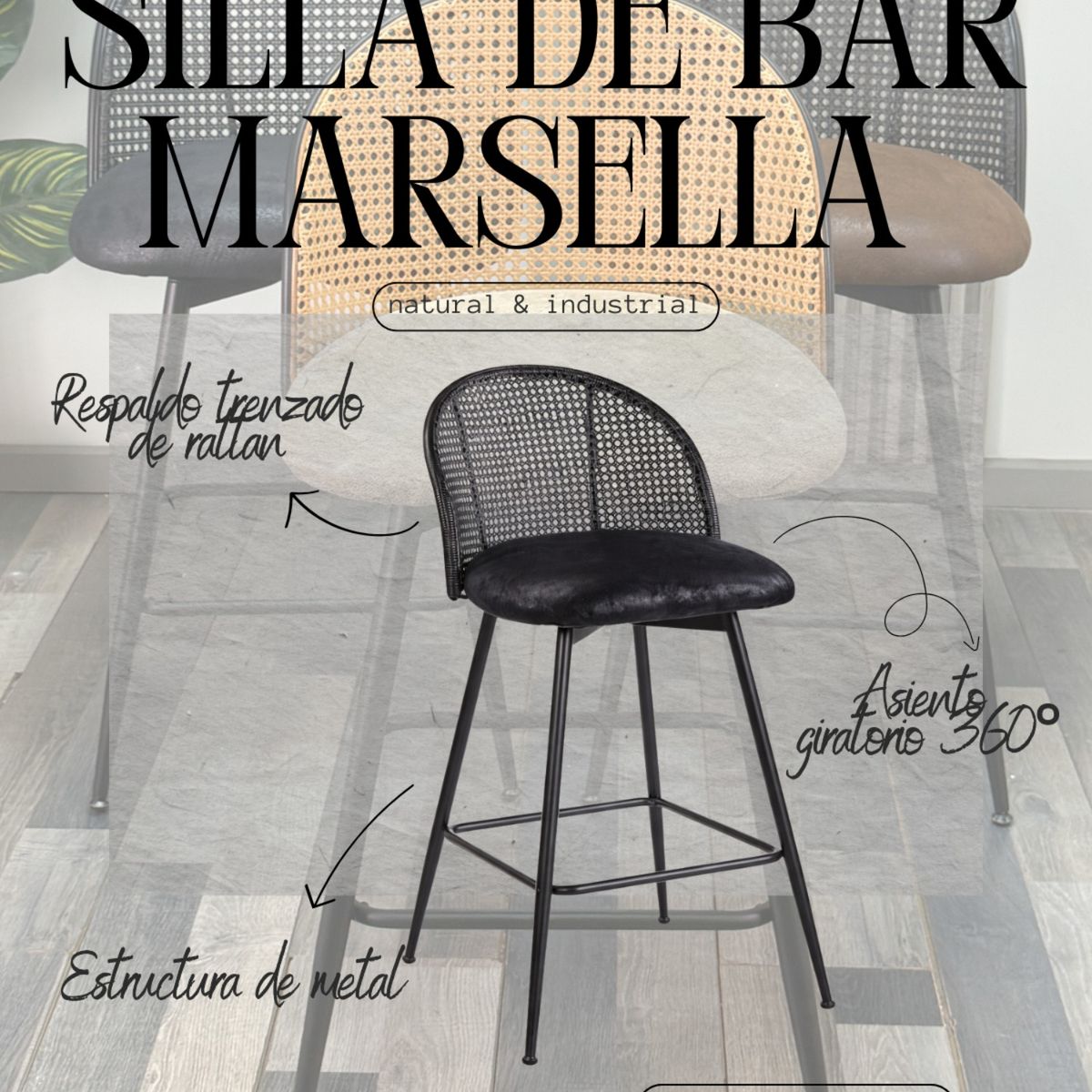 HABITA2 CHILE - Silla de Bar Giratoria de Ratán Marsella