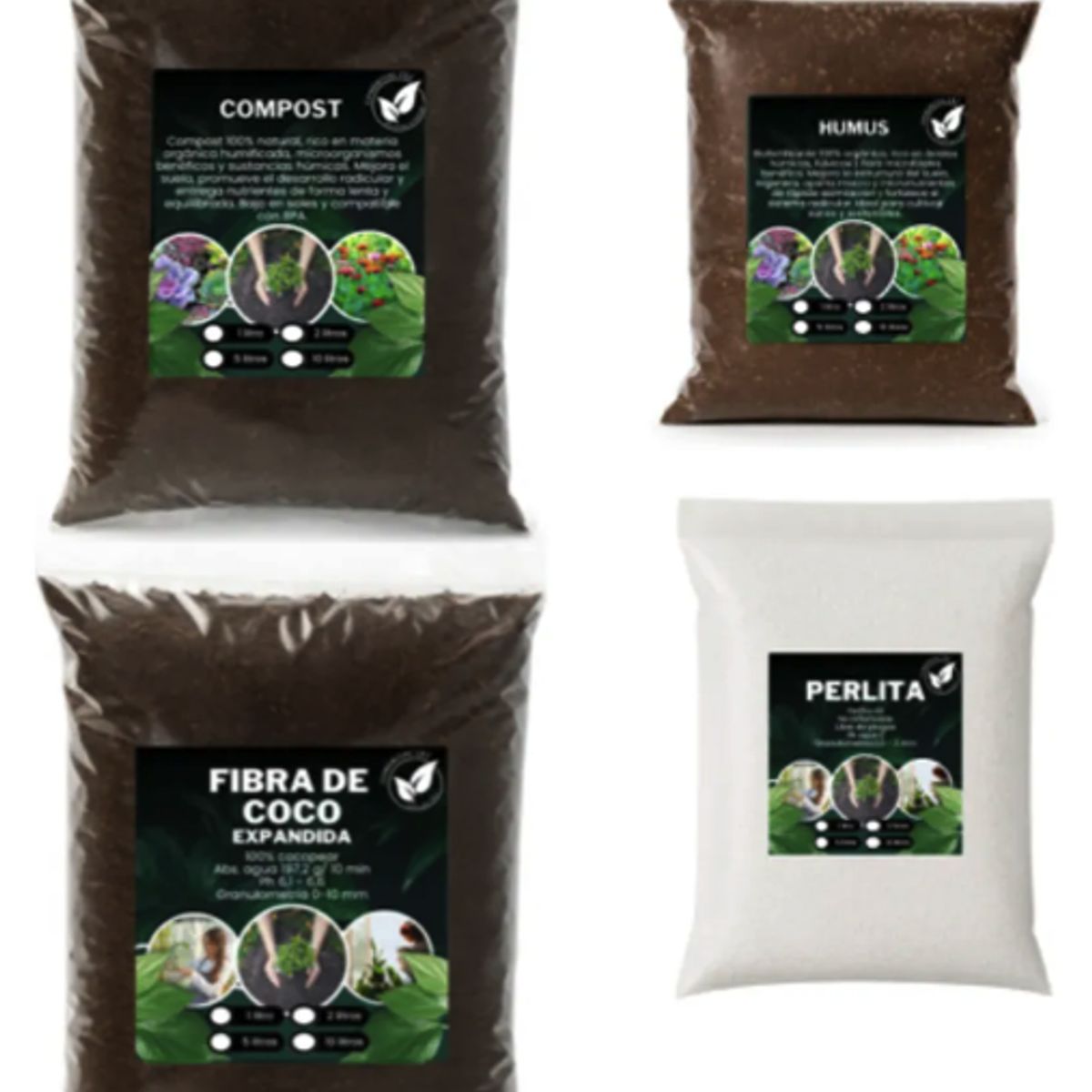 GENERICO - Pack Sustrato Fibra De Coco 5 L + Compost 5 Kg + Perlita 3 L + Humus 3 L