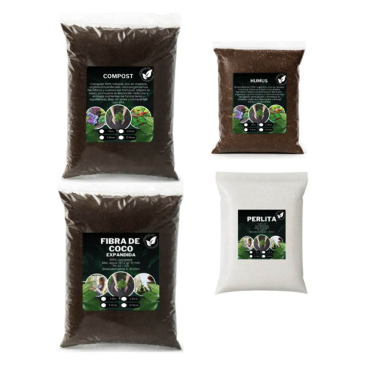 GENERICO - Pack Sustrato Fibra De Coco 5 L + Compost 5 Kg + Perlita 3 L + Humus 3 L