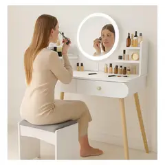 MOVI - TOCADOR O MESA DE MAQUILLAJE Y PEINADO CON LUZ LED 2 CAJONES Y ASIENTO