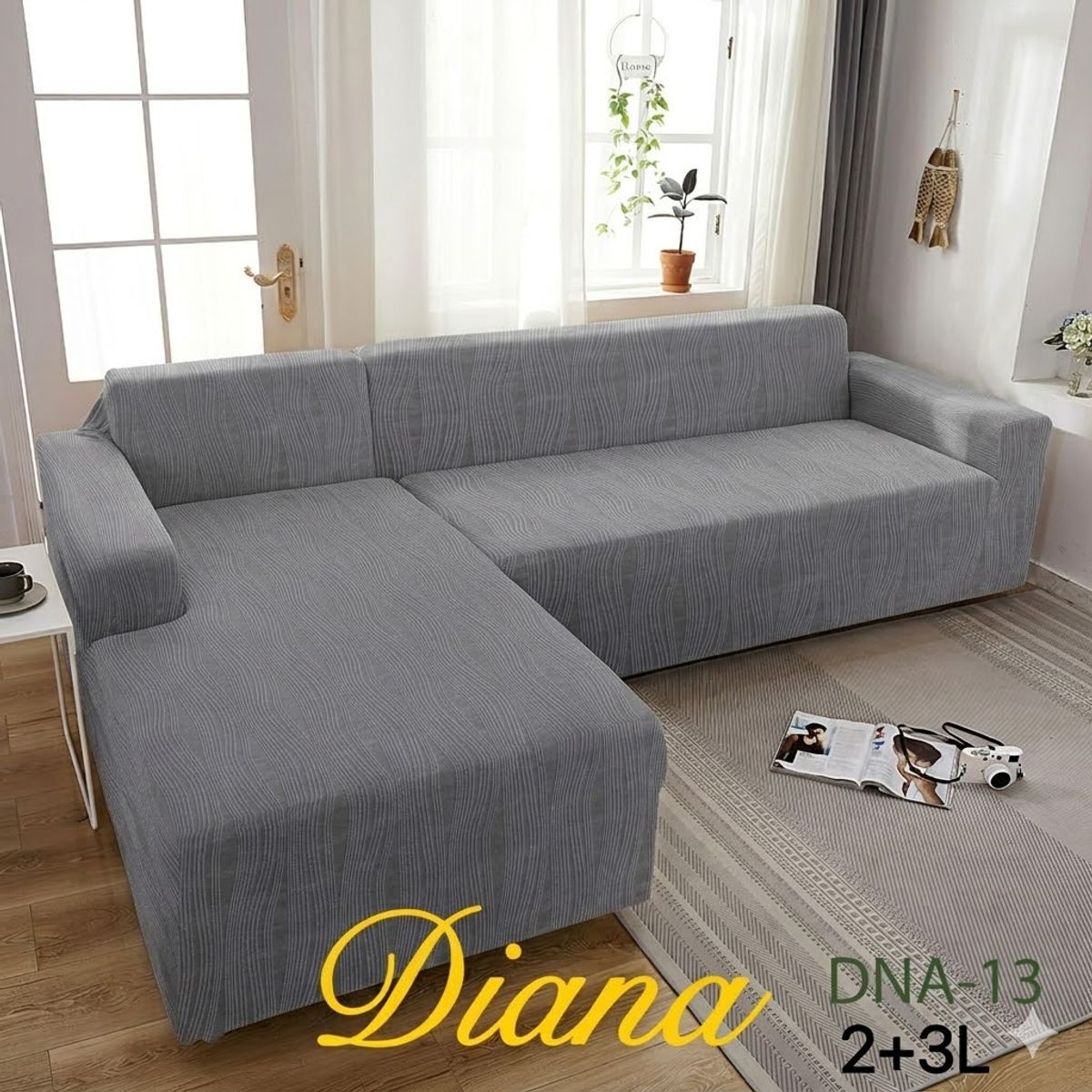 GENERICO - FUNDA ELASTIZADA PARA SILLON TIPO L DISEÑO GRIS LINEAS 2 PIEZA 3 + 2 CUERPO