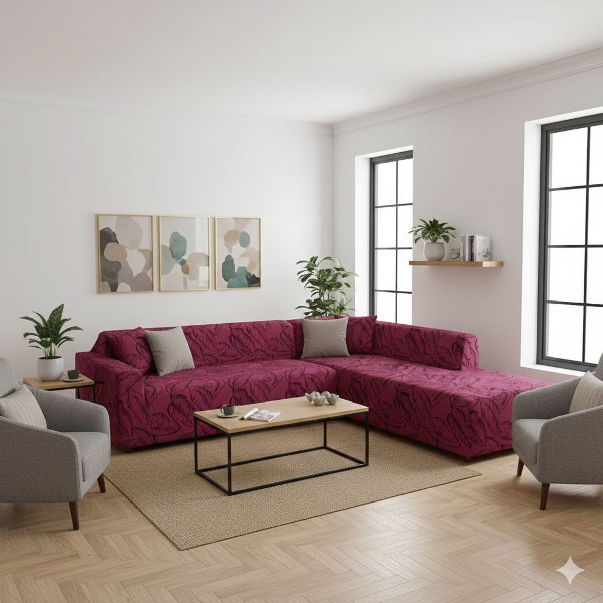 GENERICO - FUNDA ELASTIZADA PARA SILLON TIPO L DISEÑO BURDEO HOJAS 2 PIEZA 4 + 4 CUERPO