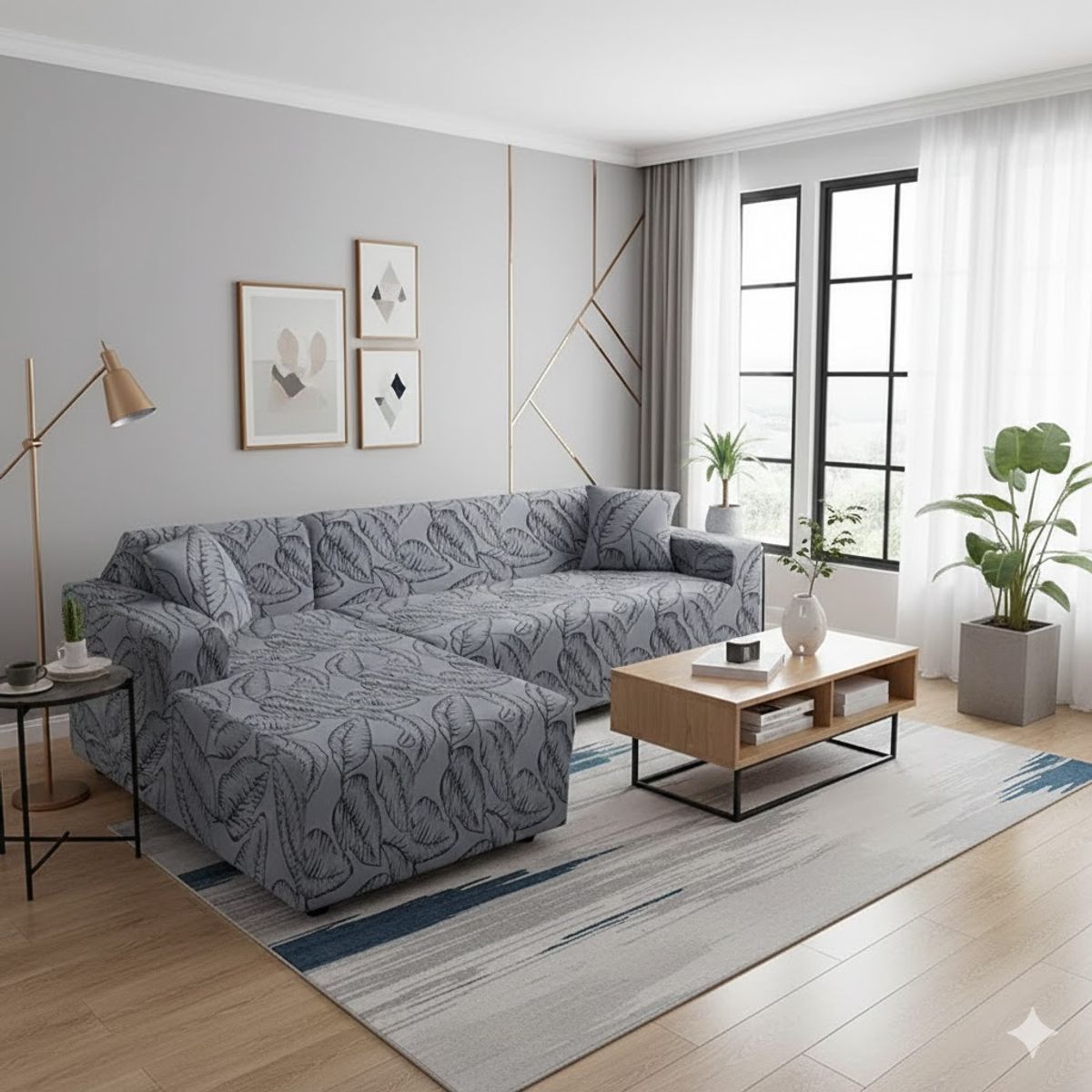 GENERICO - FUNDA ELASTIZADA PARA SILLON TIPO L DISEÑO GRIS HOJAS 2 PIEZA 4 + 4 CUERPO