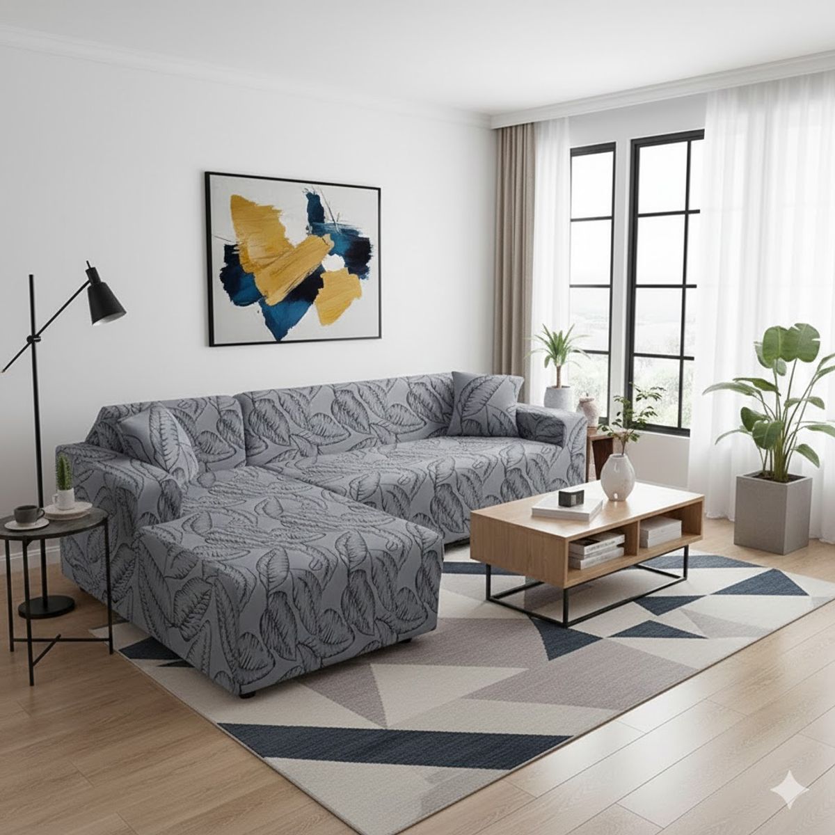 GENERICO - FUNDA ELASTIZADA PARA SILLON TIPO L DISEÑO GRIS HOJAS 2 PIEZA 4 + 4 CUERPO