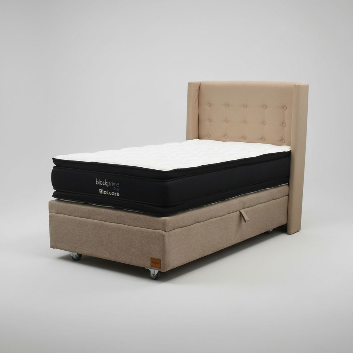 BLOCCARE - Cama Baul 1.5 Plaza L200cm con Respaldo + Colchon Black Prime Modelo Dos / Con Rueda Deluxe (Beige)