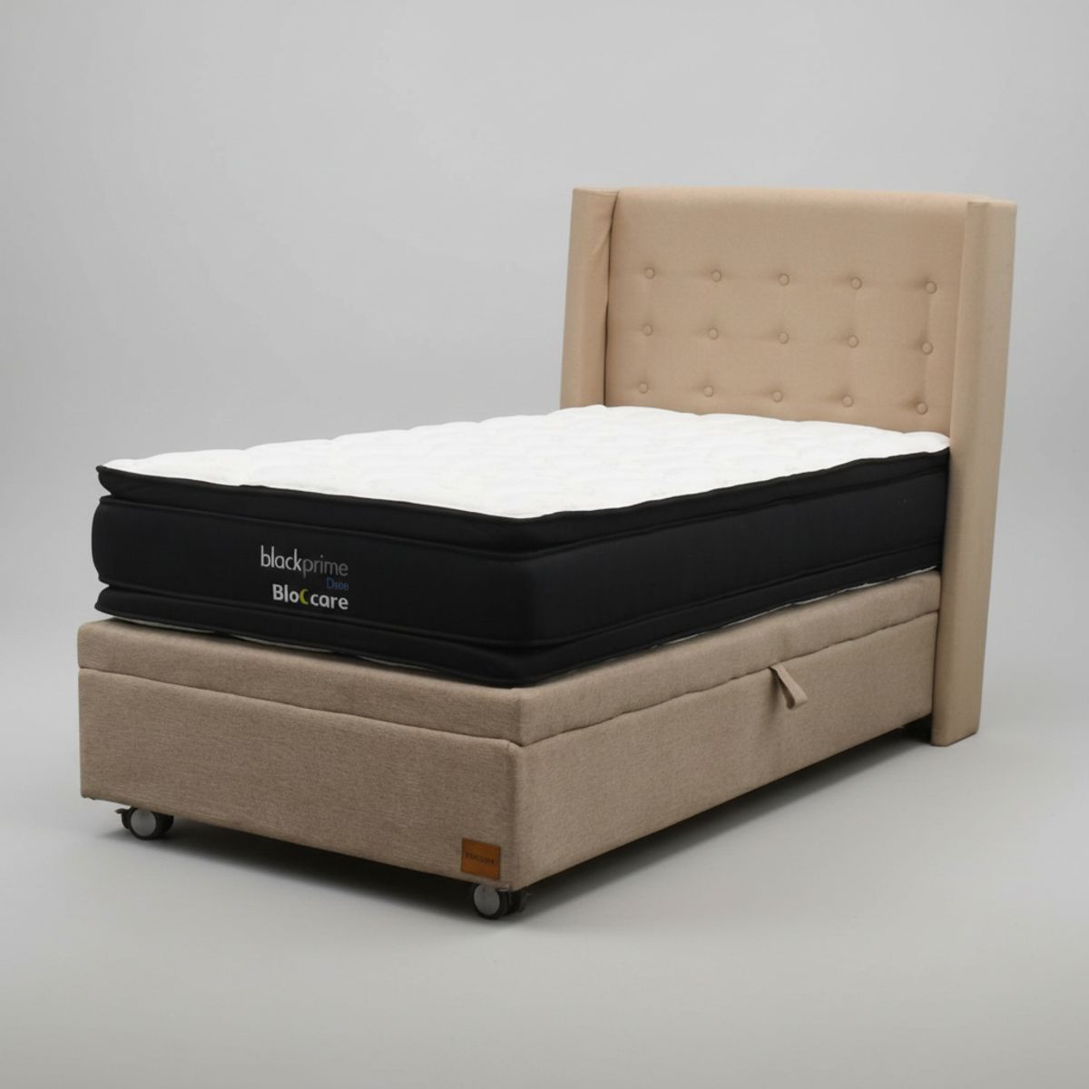 BLOCCARE - Cama Baul 1.5 Plaza L200cm con Respaldo + Colchon Black Prime Modelo Dos / Con Rueda Logo (Beige)