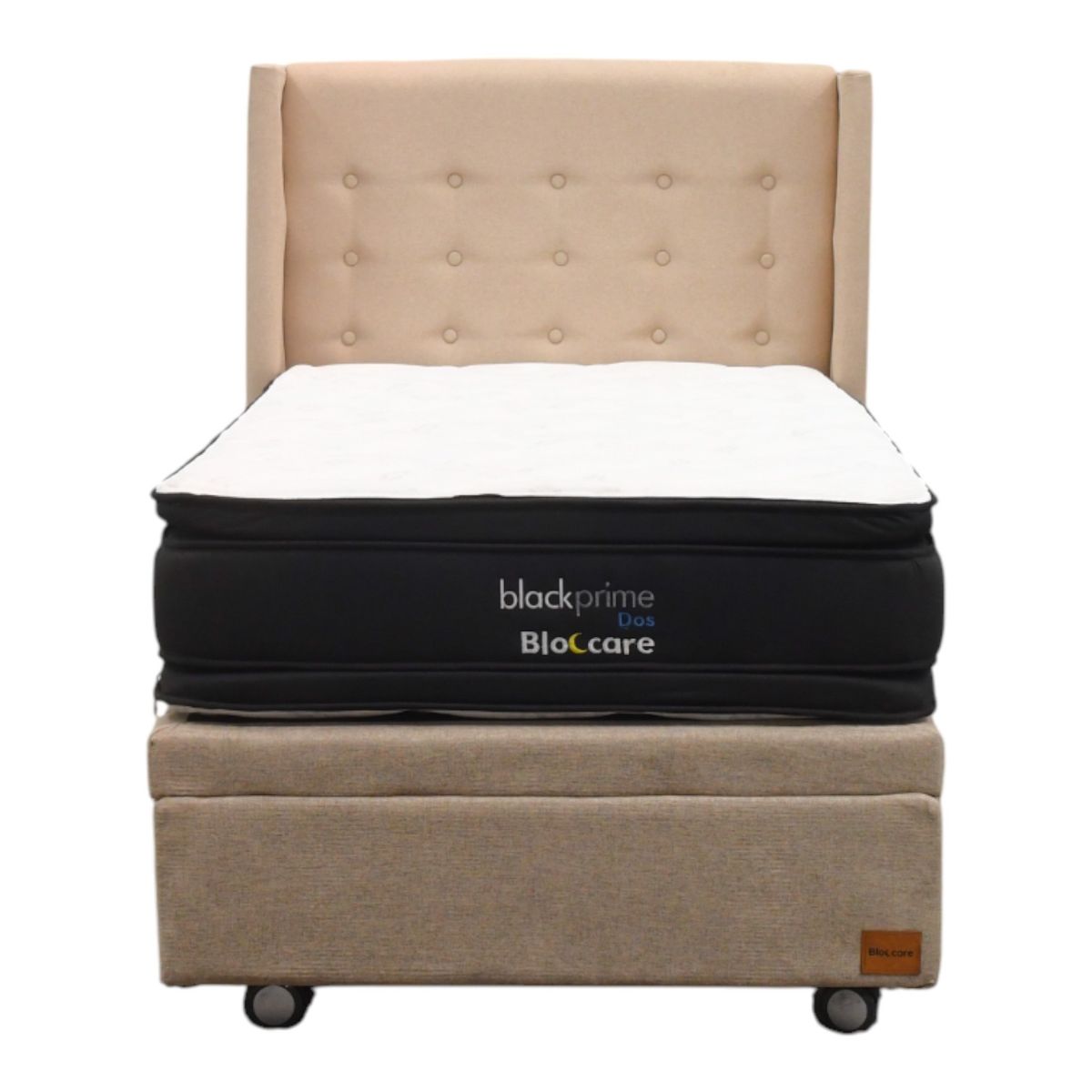 BLOCCARE - Cama Baul 1.5 Plaza L200cm con Respaldo + Colchon Black Prime Modelo Dos / Con Rueda Logo (Beige)