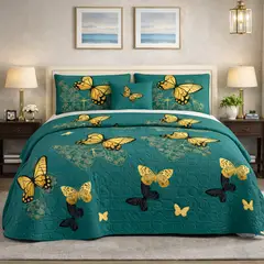 GENERICO - Cubrecama 2 plazas de verano verde con mariposas