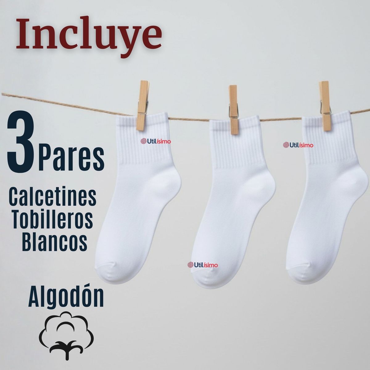 UTILISIMO - Pack 3 Pares Calcetines Tobilleras Cortos Algodón Color Blanco Niña y Niño