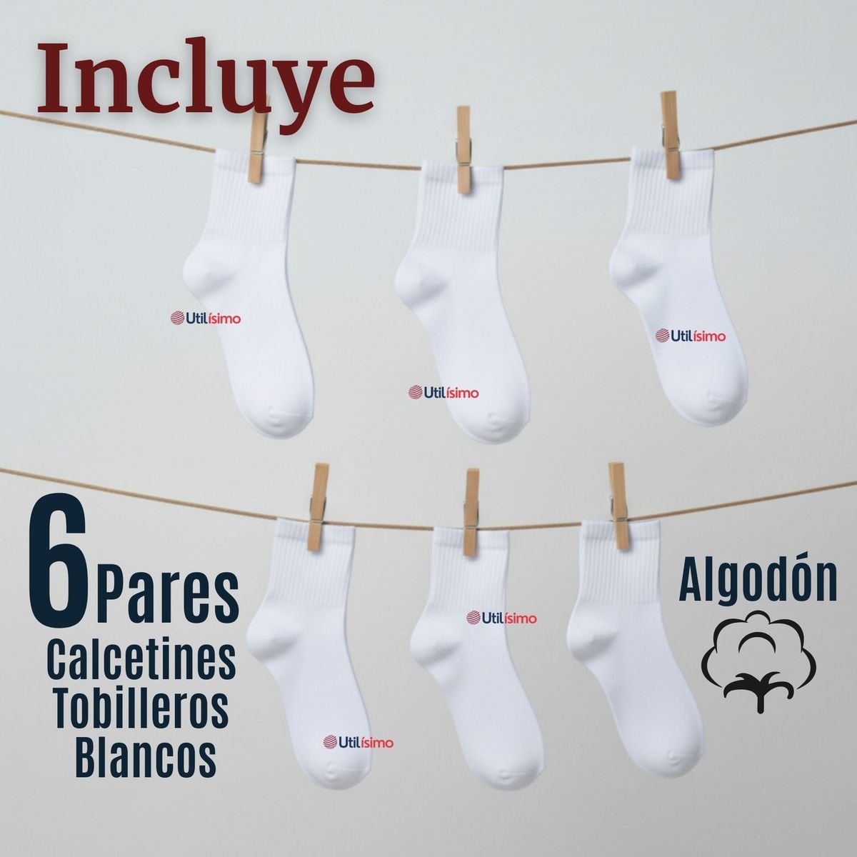 UTILISIMO - Pack 6 Pares Calcetines Tobilleras Cortos Algodón Color Blanco Niña y Niño
