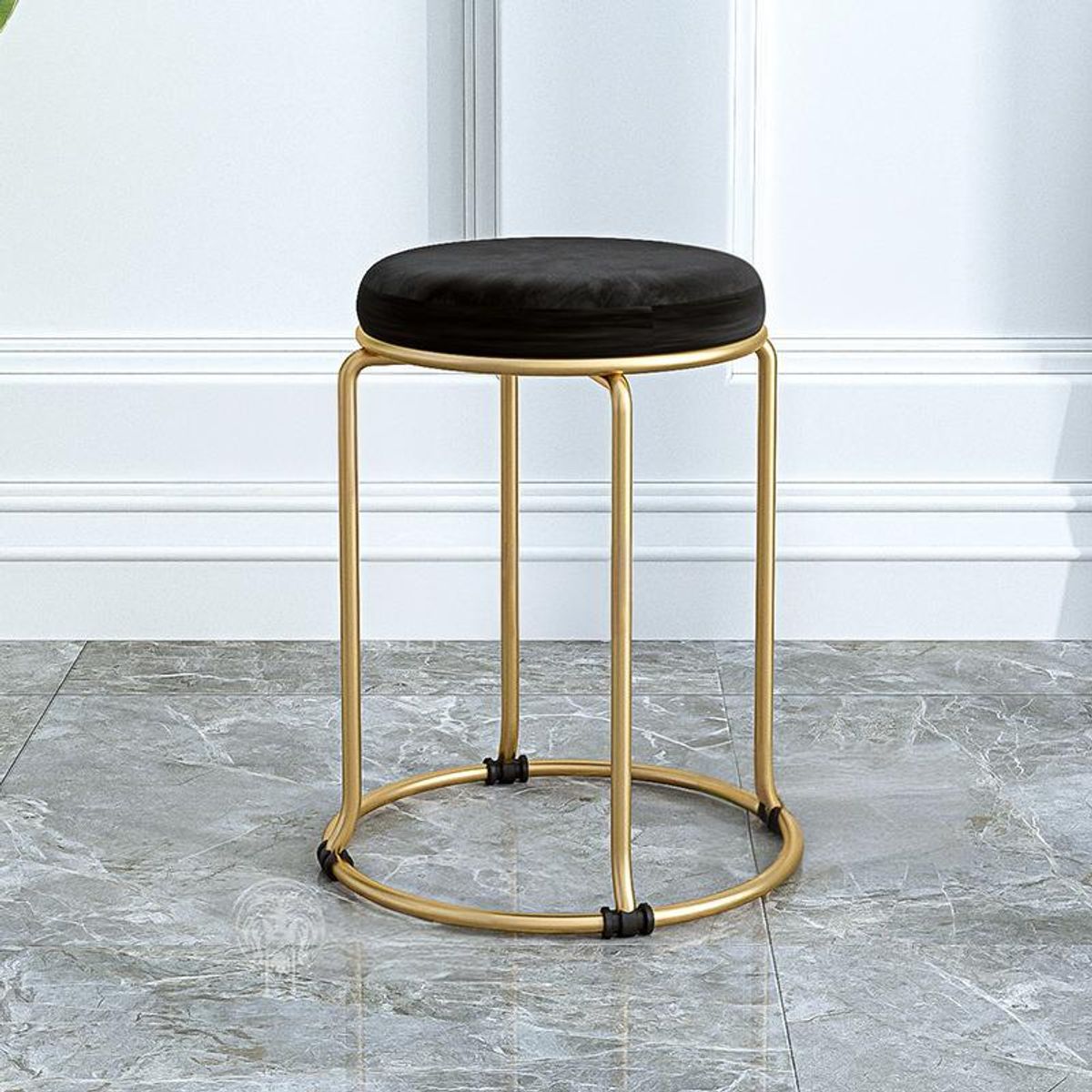 GENERICO - Piso Taburete Circular de Lujo con Asiento de Terciopelo Negro y Base Dorada