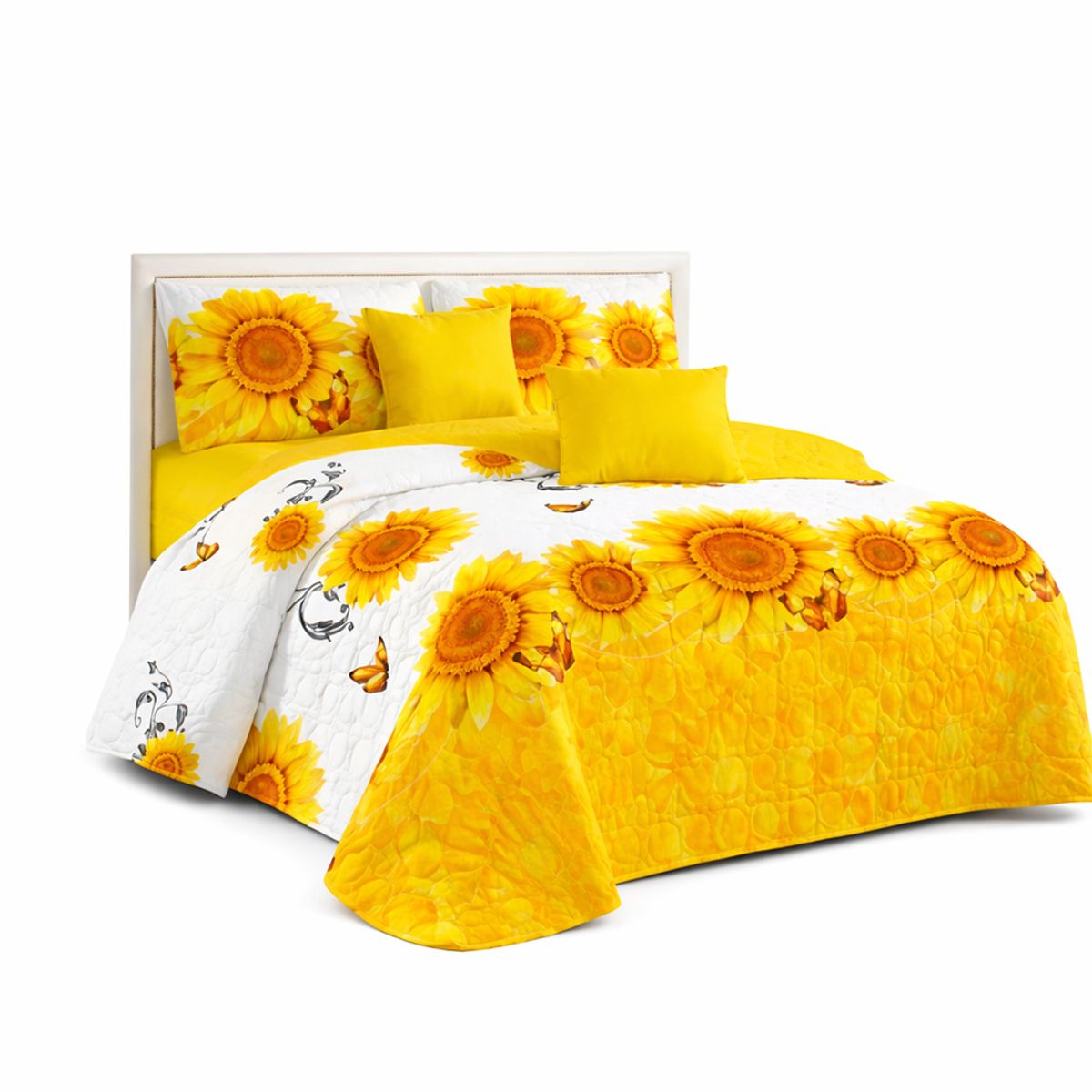 GENERICO - Cubrecama de Verano 2 Plazas Diseño Blanco Girasoles con Amarillo