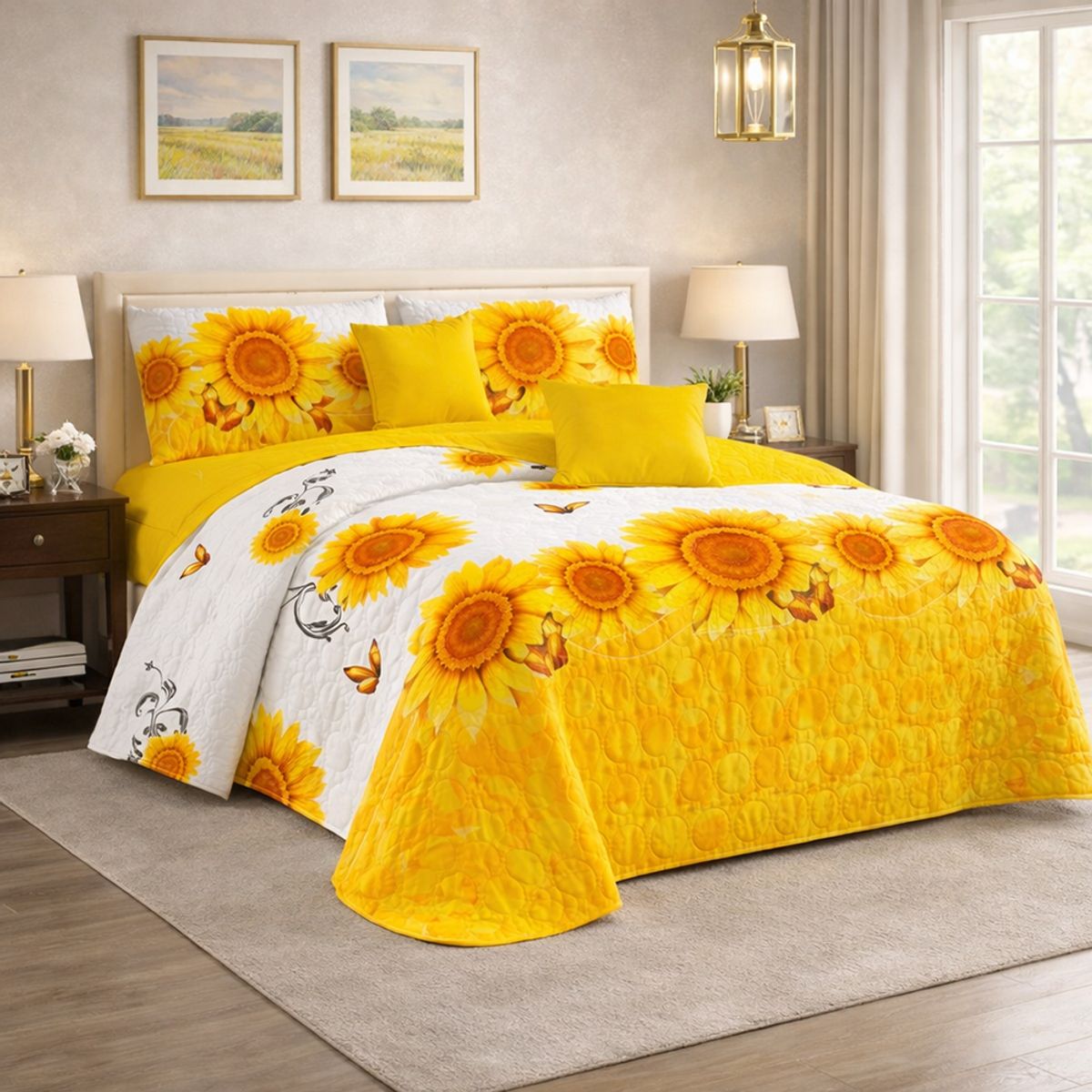 GENERICO - Cubrecama de Verano 2 Plazas Diseño Blanco Girasoles con Amarillo