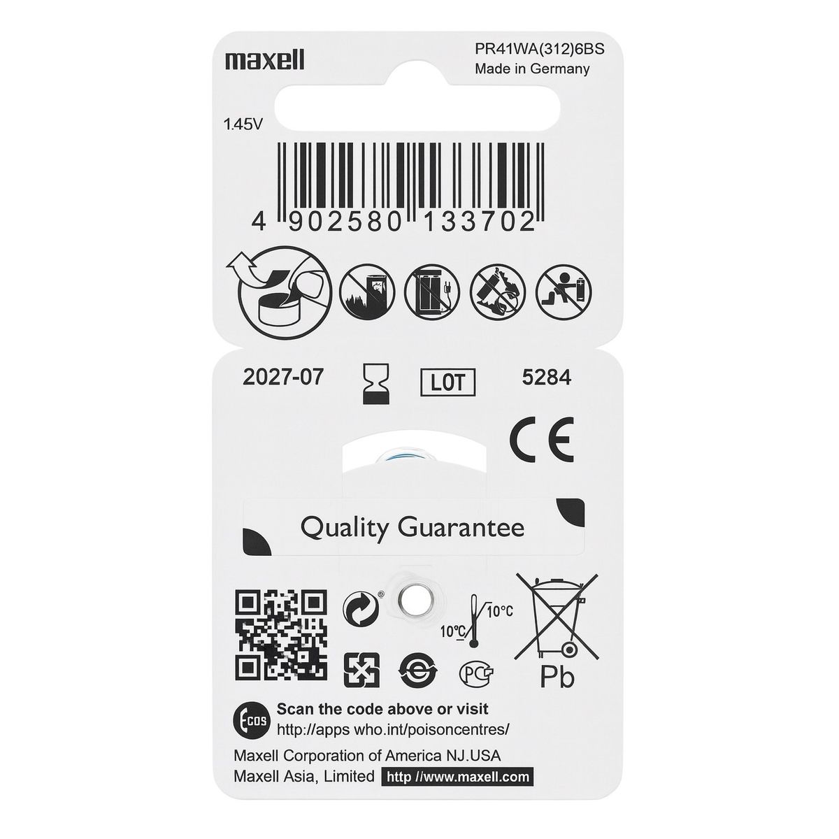 MAXELL - Pack 6 Pilas Para Audífonos Maxell 312 Auditivas