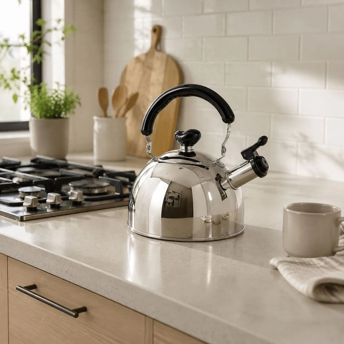 HOMESTAR - Tetera silbadora de acero inoxidable cromado 4 L con manilla negra