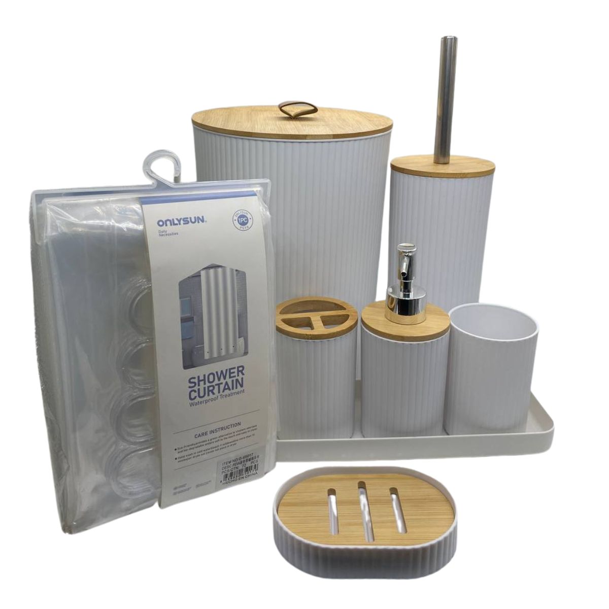 EKOL TACTICA MILITAR - Juego Accesorios Set De Baño 6 Piezas Bambú Cepillo WC Blanco + Cortina De Obsequio