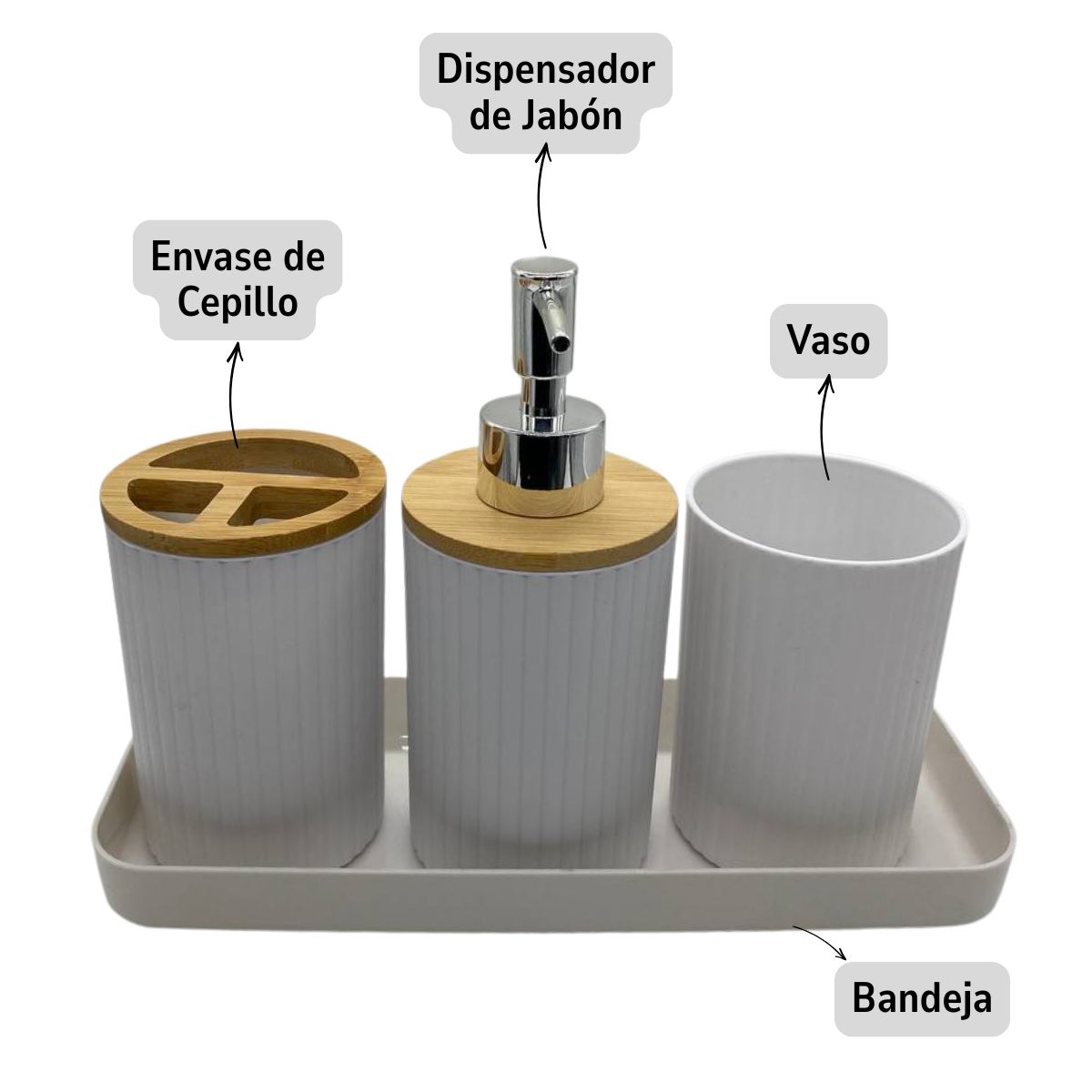 EKOL TACTICA MILITAR - Juego Accesorios Set De Baño 6 Piezas Bambú Cepillo WC Blanco + Cortina De Obsequio