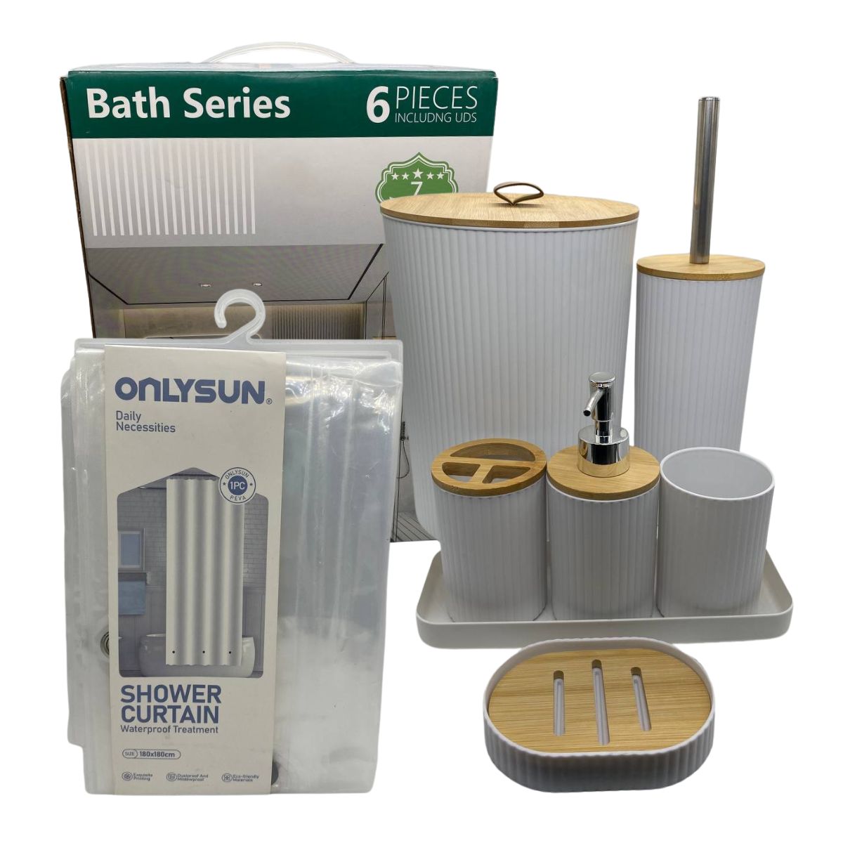 EKOL TACTICA MILITAR - Juego Accesorios Set De Baño 6 Piezas Bambú Cepillo WC Blanco + Cortina De Obsequio