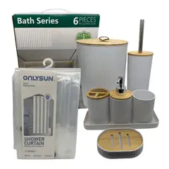 EKOL TACTICA MILITAR - Juego Accesorios Set De Baño 6 Piezas Bambú Cepillo WC Blanco + Cortina De Obsequio