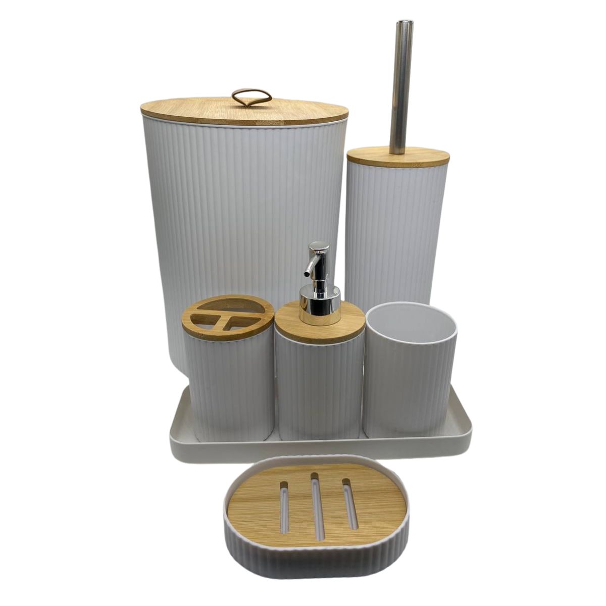 EKOL TACTICA MILITAR - Juego Accesorios Set De Baño 6 Piezas Bambú Cepillo WC Blanco + Cortina De Obsequio