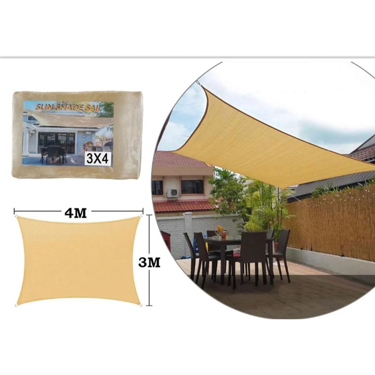 GENERICO - Toldo Vela Malla Sombra rectangular 3x4 Metros