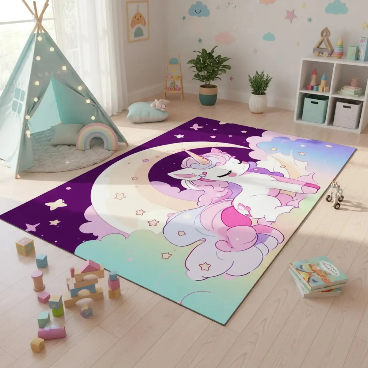GENERICO - ALFOMBRA DE NIÑA CON DISEÑO TIERNO UNICORNIO VIOLETA 120X160 INFANTIL WYM