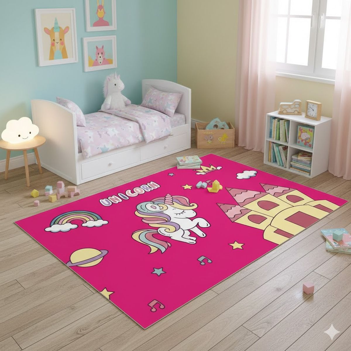 GENERICO - ALFOMBRA DE NIÑA CON DISEÑO FUCSIA UNICORNIO 120X160 INFANTIL WYM