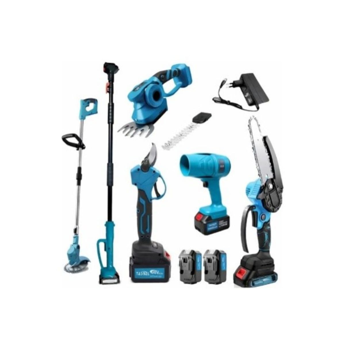 MOVI - KIT DE JARDINERIA 6 EN 1, ORILLADORA, TIJERA, MINI MOTO SIERRA, SOPLADORA, 2 CORTA SETOS Y BRAZO TELESCOPICO