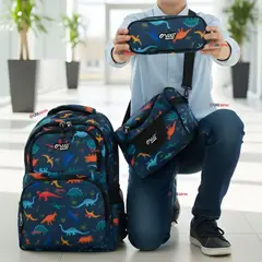 UTILISIMO - Mochila Bolso Escolar + Lonchera + Estuche 45Cm Niño Tela Oxford Dinosaur