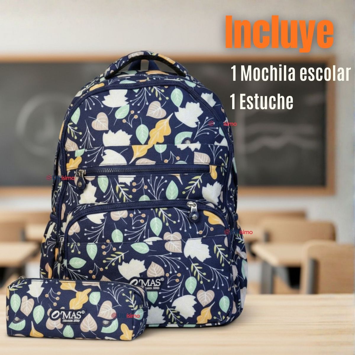 UTILISIMO - Mochila Escolar Con Estuche 46cm Poliéster Impermeable Niña Juvenil Flora Dark