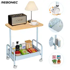 REBONEC - Carrito Organizador Metalico Ruedas Bloqueables Tabla Madera Celeste