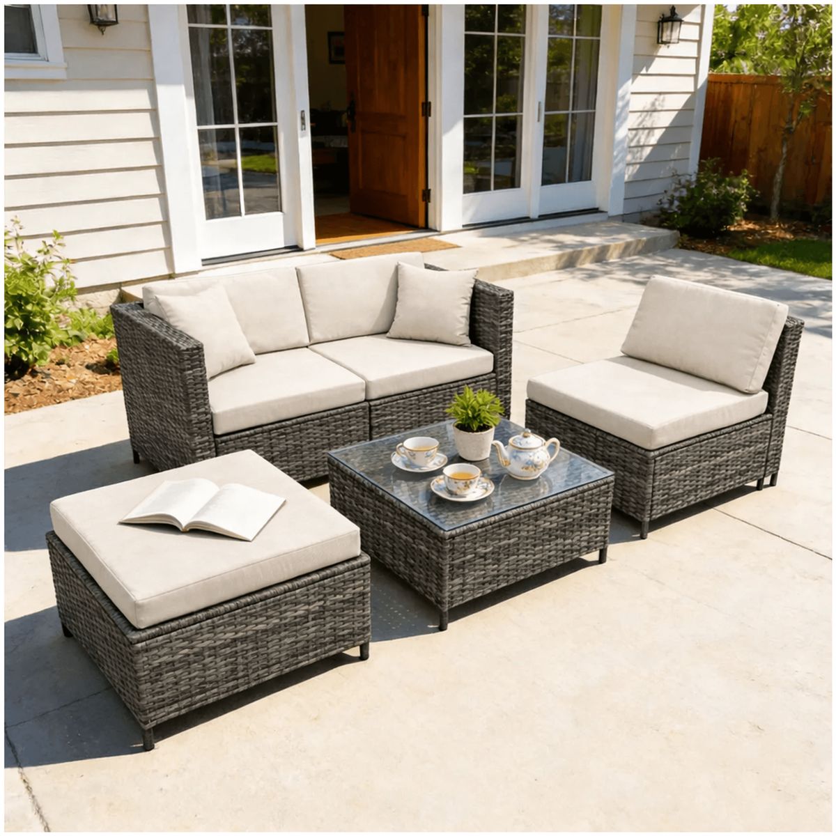 HOMER OUTDOOR - Juego de terraza convertible modular con sofá y mesa 3 piezas para 4 personas