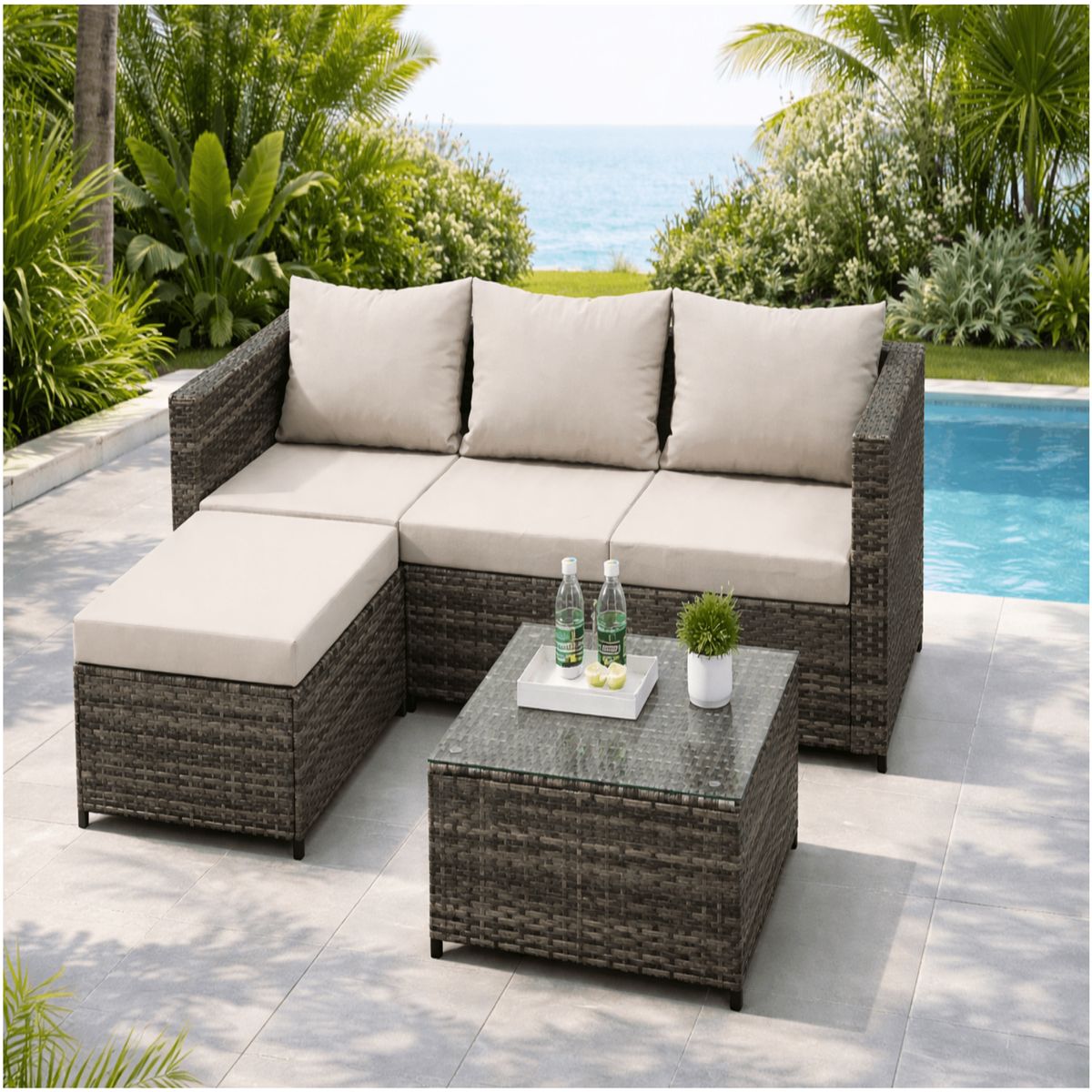 HOMER OUTDOOR - Juego de terraza convertible modular con sofá y mesa 3 piezas para 4 personas