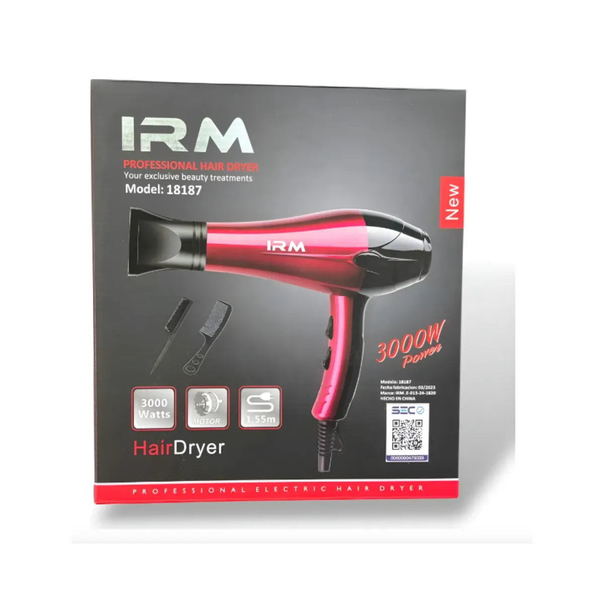 IRM - Secador De Cabello Profesional 3000w Irm 3 Accesorios Color Rojo y Negro