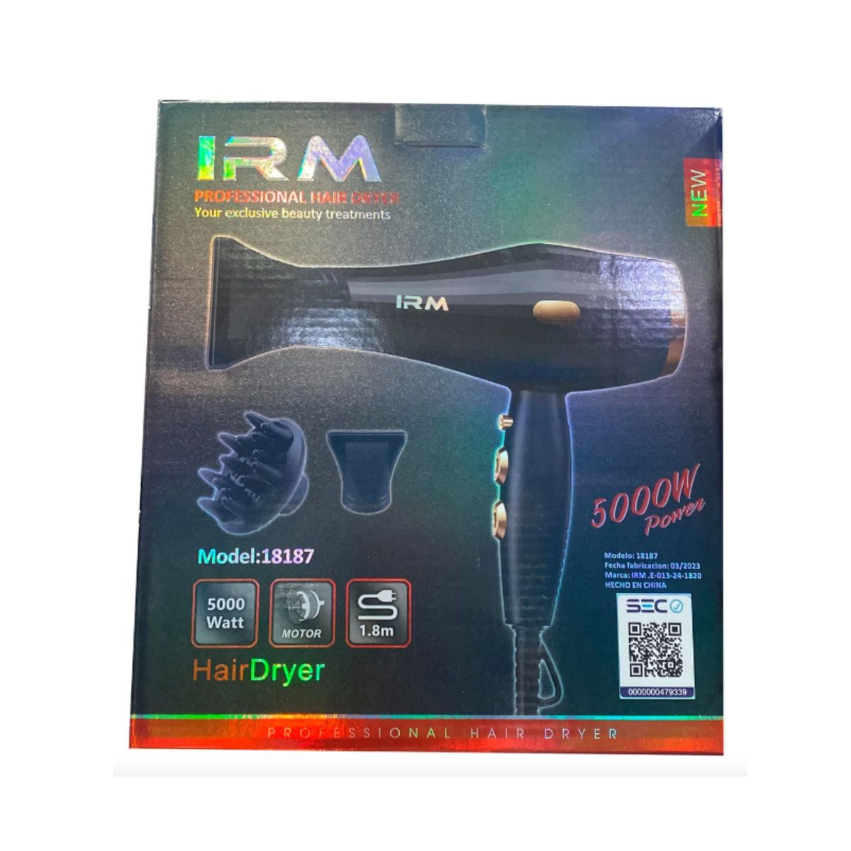 IRM - Secador De Pelo Profesional De 5000w  Alta Potencia Color Negro dorado