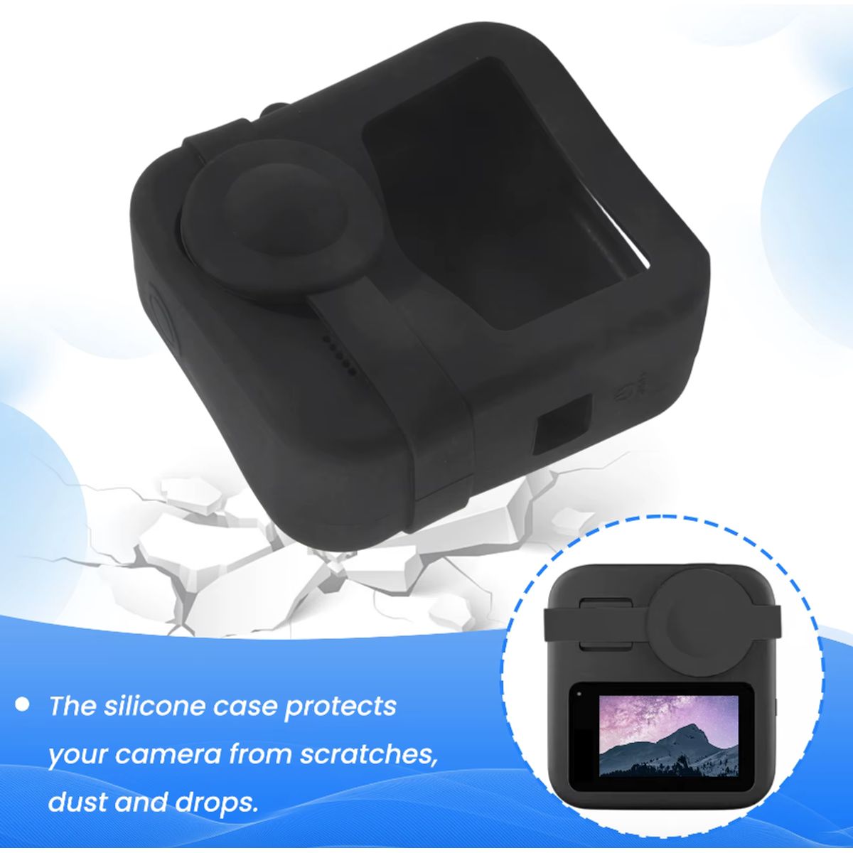 GENERICO - Funda Silicona para Gopro Max 360 + Tapa Lente Antipolvo Negro