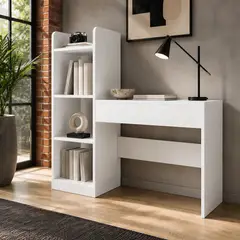 HOMER DESIGN - Escritorio Moderno Con Estantería Lateral Blanco 120x86x4
