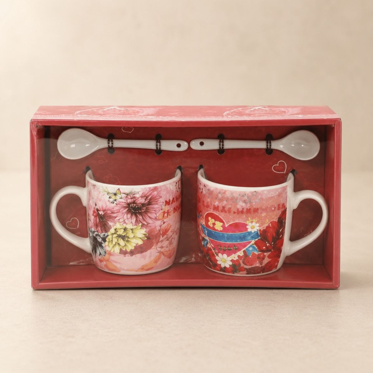HOMESTAR - Set tazas con cuchara cerámica floral 2 piezas rojo / rosado