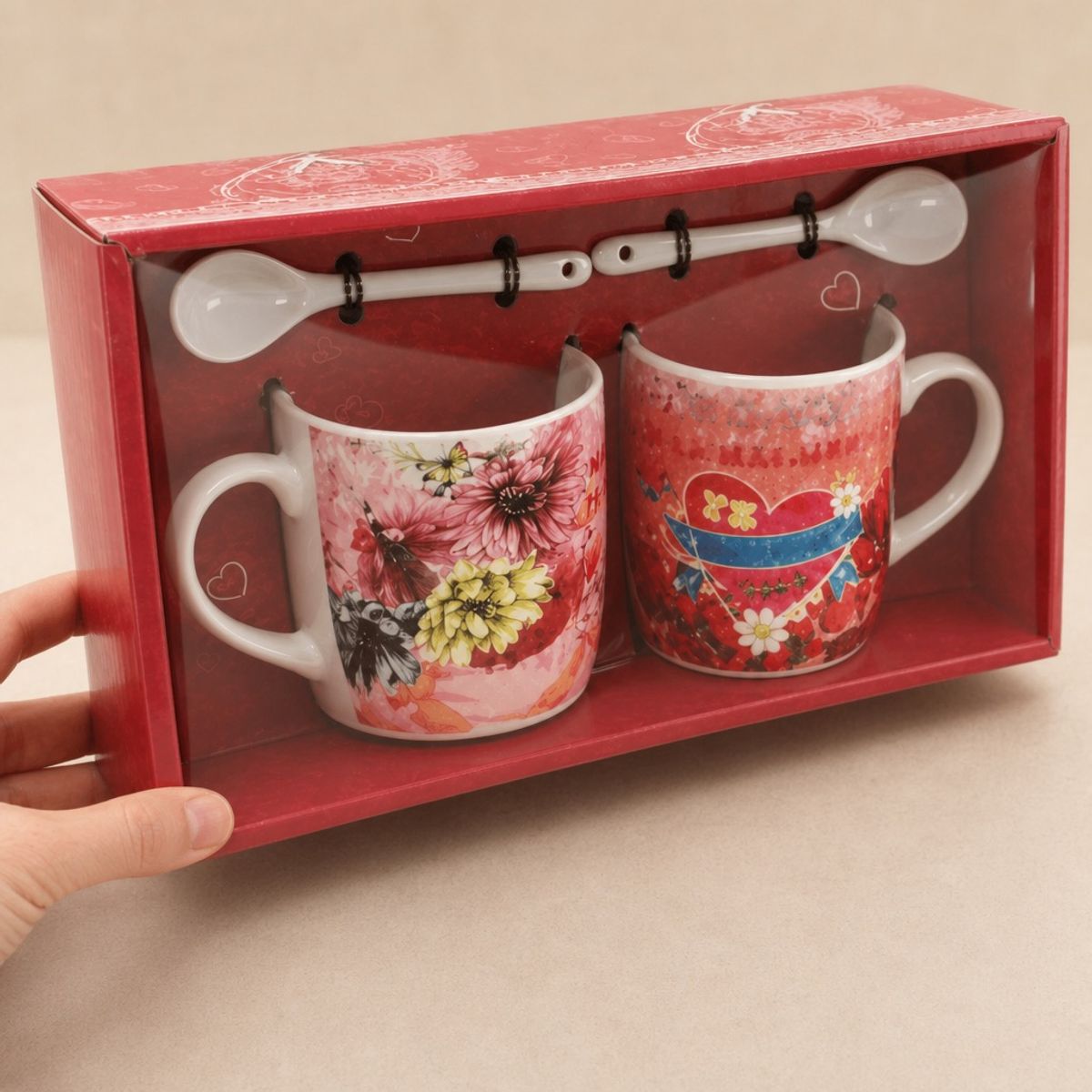 HOMESTAR - Set tazas con cuchara cerámica floral 2 piezas rojo / rosado