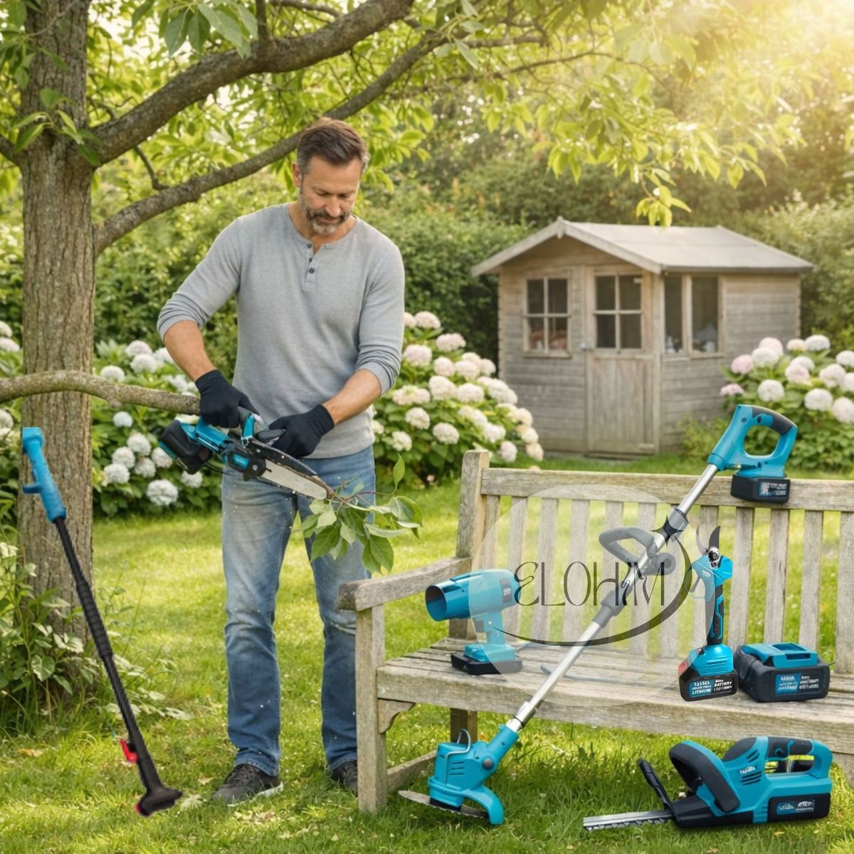 MOVI - KIT DE JARDINERÍA 6 EN 1:ORILLADORA, TIJERA, MOTOSIERRA, SOPLADORA, 2 CORTASETOS Y BRAZO TELESCÓPICO