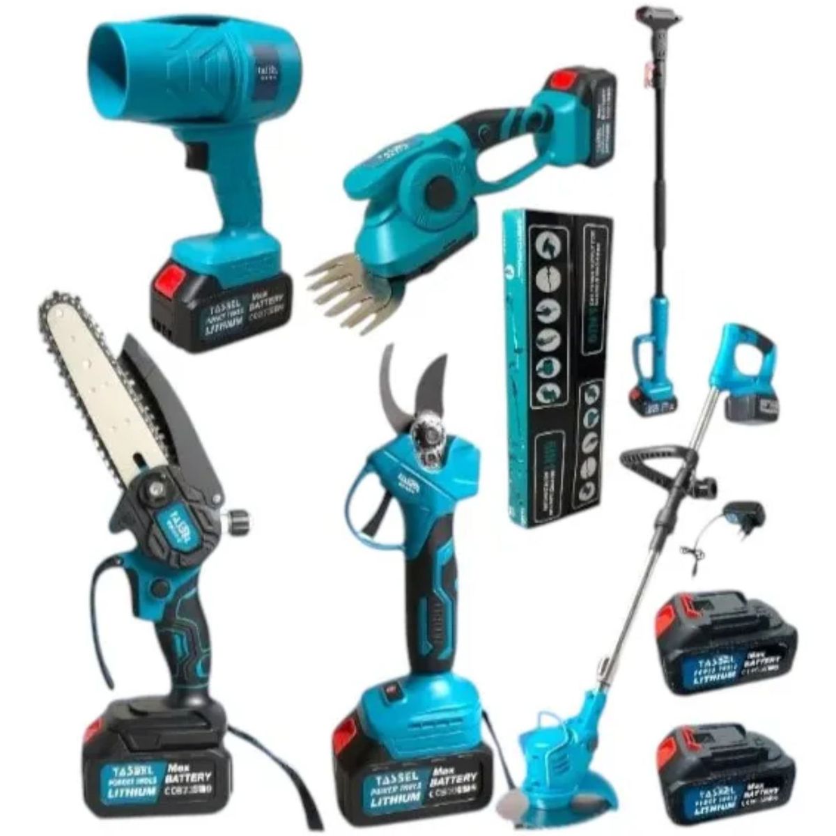 MOVI - KIT DE JARDINERÍA 6 EN 1:ORILLADORA, TIJERA, MOTOSIERRA, SOPLADORA, 2 CORTASETOS Y BRAZO TELESCÓPICO