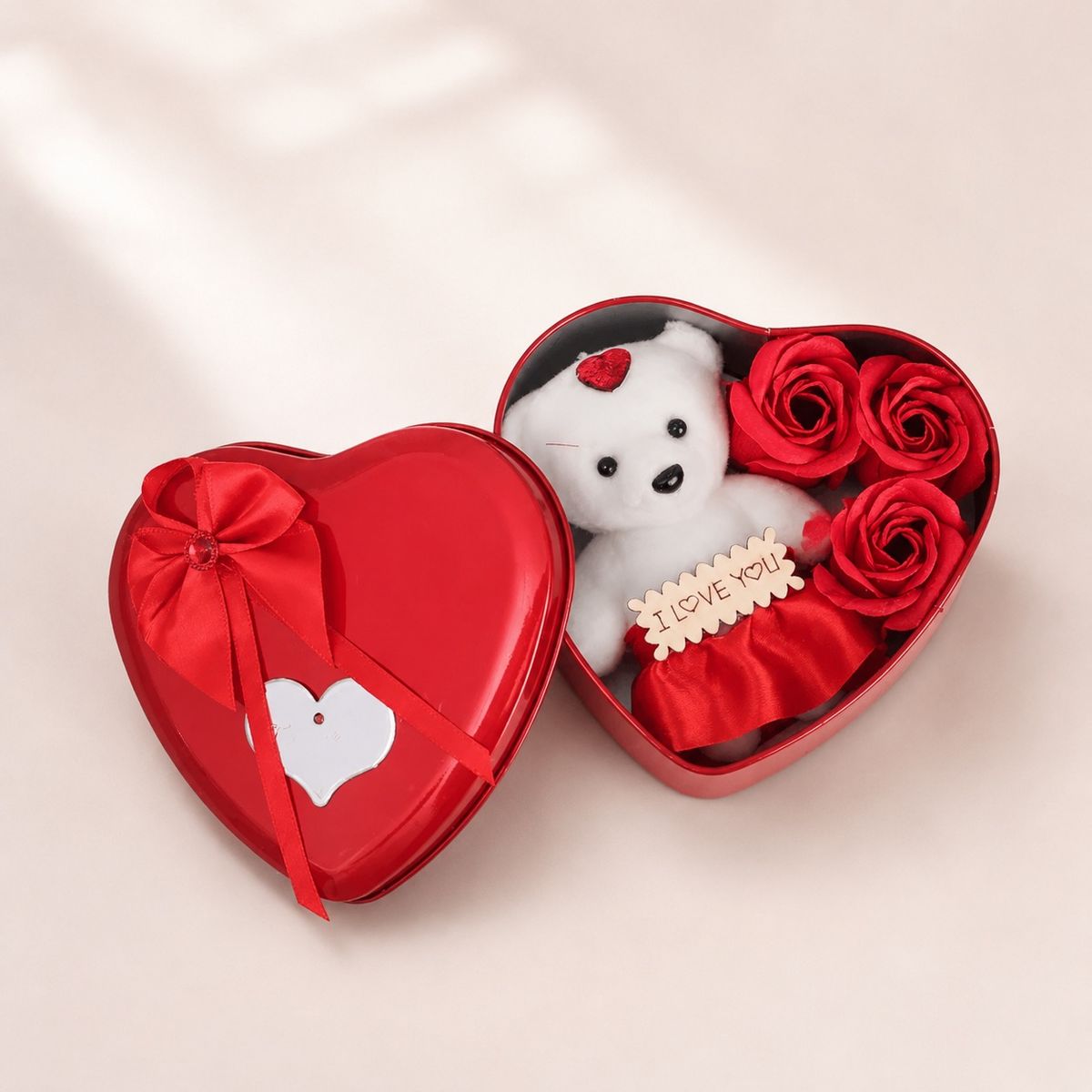 HOMESTAR - Caja Corazón Osito Peluche con Rosas Artificiales I Love You